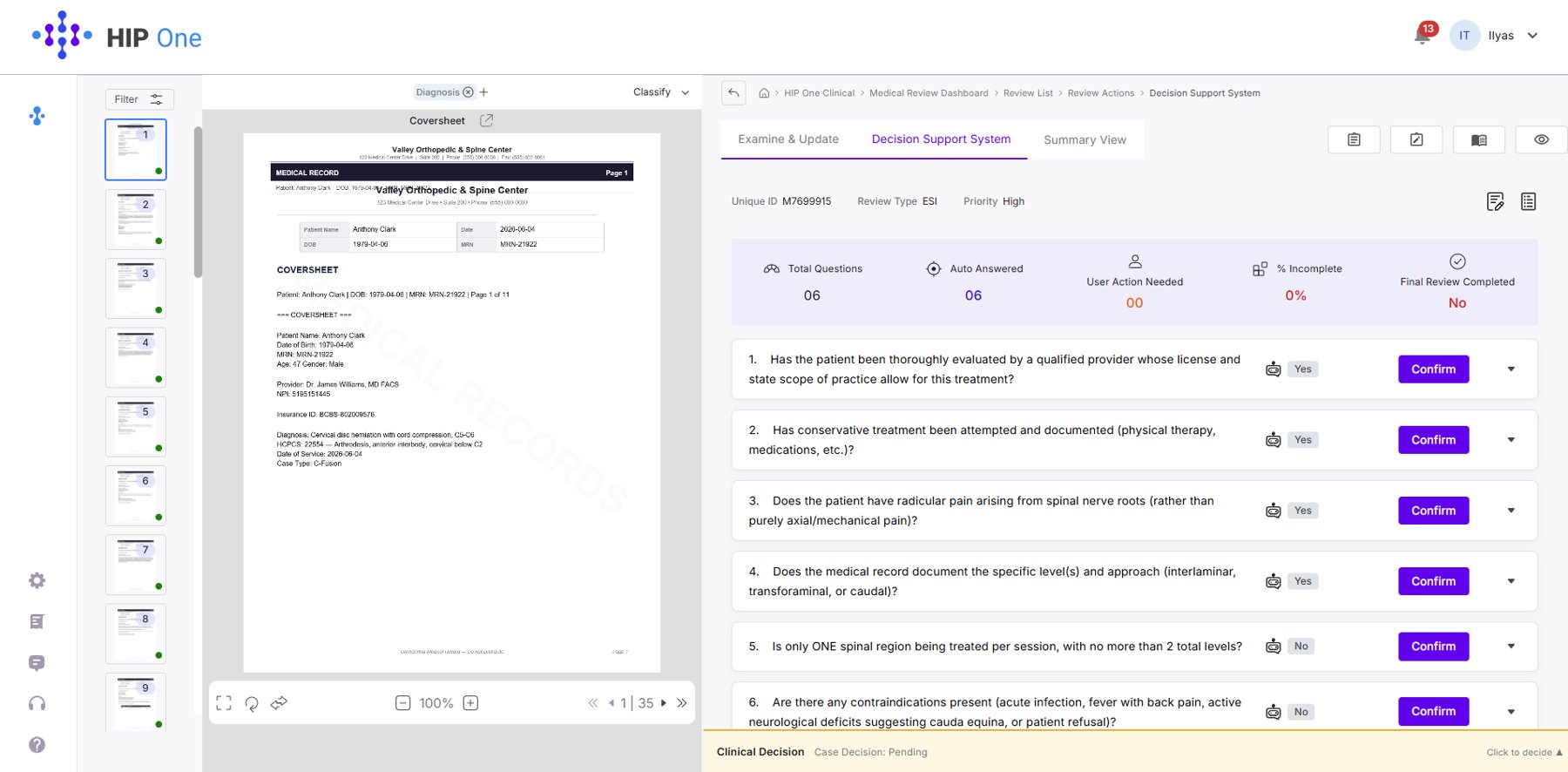 HIP One medical review screen — clinical checklist and recommendation