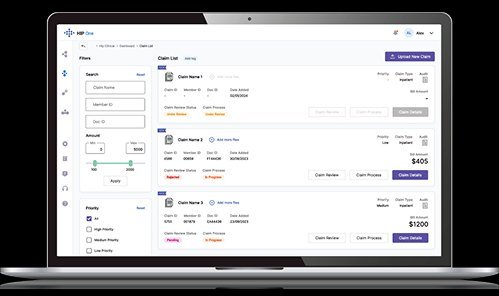 HIP One platform — claim list dashboard with filters, member IDs, and review status